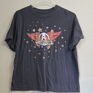 Maurices Graphic Grey/Navy Blue Graphic T-Shirt Aerosmith